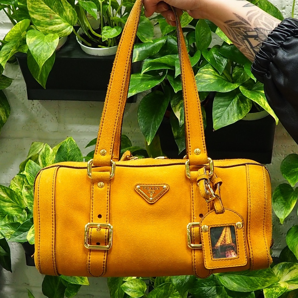 Prada Mustard Yellow Suede Cervo Boston Bag with Gold Hardware